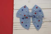 Load image into Gallery viewer, Denim &amp; Patriotic Pearls Medium Remi Bow (Alligator Clip Only)
