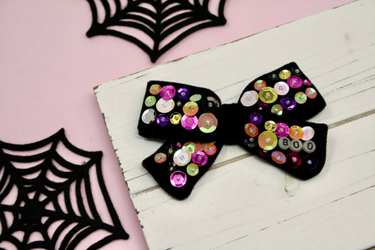 Black Boo Sequined Velvet Posie Bow (Alligator Clip Only)(Glow in the Dark “BOO”)