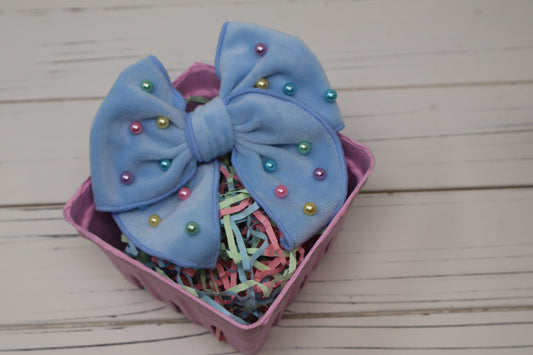 Blue Plush & Pearled Medium Remi Bow (Alligator Clip Only)