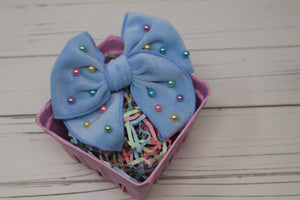 Blue Plush & Pearled Medium Remi Bow (Alligator Clip Only)