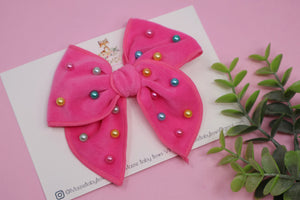 Hot Pink Plush & Rainbow Pearled Medium Remi Bow (Alligator Clip Only)