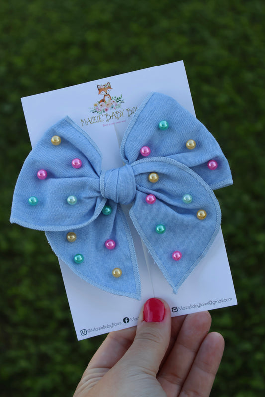 Denim & Rainbow Pearls Medium Remi Bow (Alligator Clip Only)