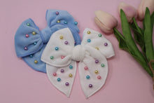 Load image into Gallery viewer, Blue Plush &amp; Pearled Medium Remi Bow (Alligator Clip Only)
