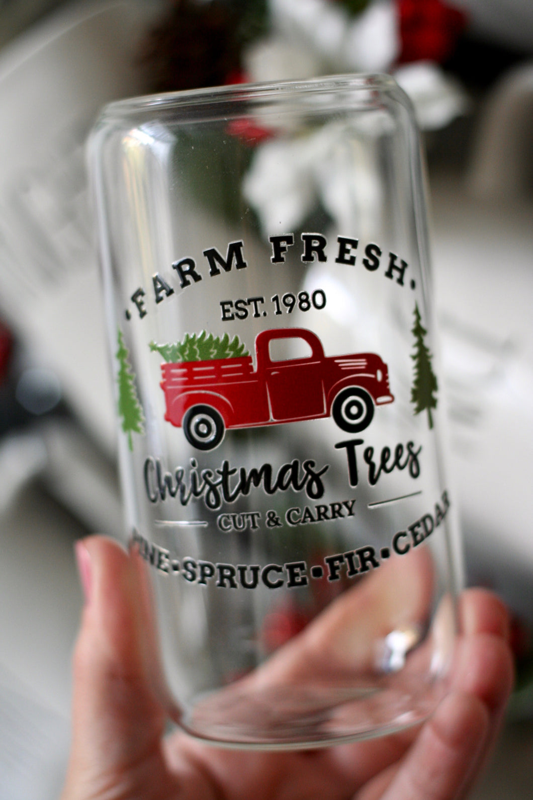 Christmas Tree Truck Glass Can