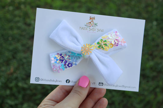 Rainbow Flower Sequined Velvet Posie Bow (Alligator Clip Only)