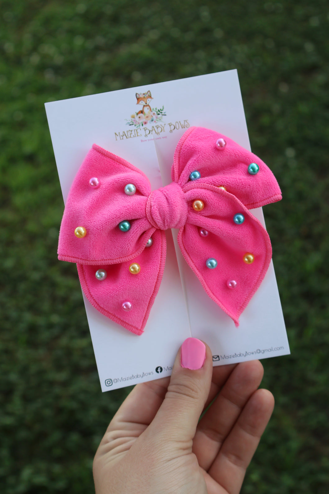 Hot Pink Plush & Rainbow Pearled Medium Remi Bow (Alligator Clip Only)