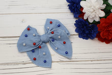 Load image into Gallery viewer, Denim &amp; Patriotic Pearls Medium Remi Bow (Alligator Clip Only)
