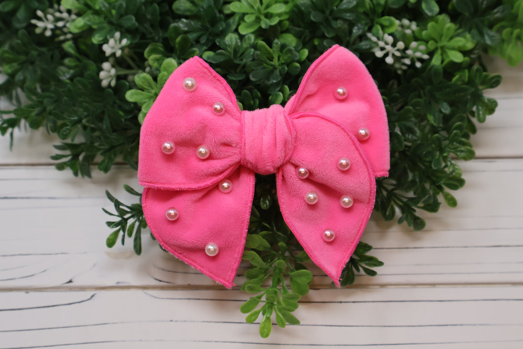 Hot Pink Plush & Pearled Medium Remi Bow (Alligator Clip Only)