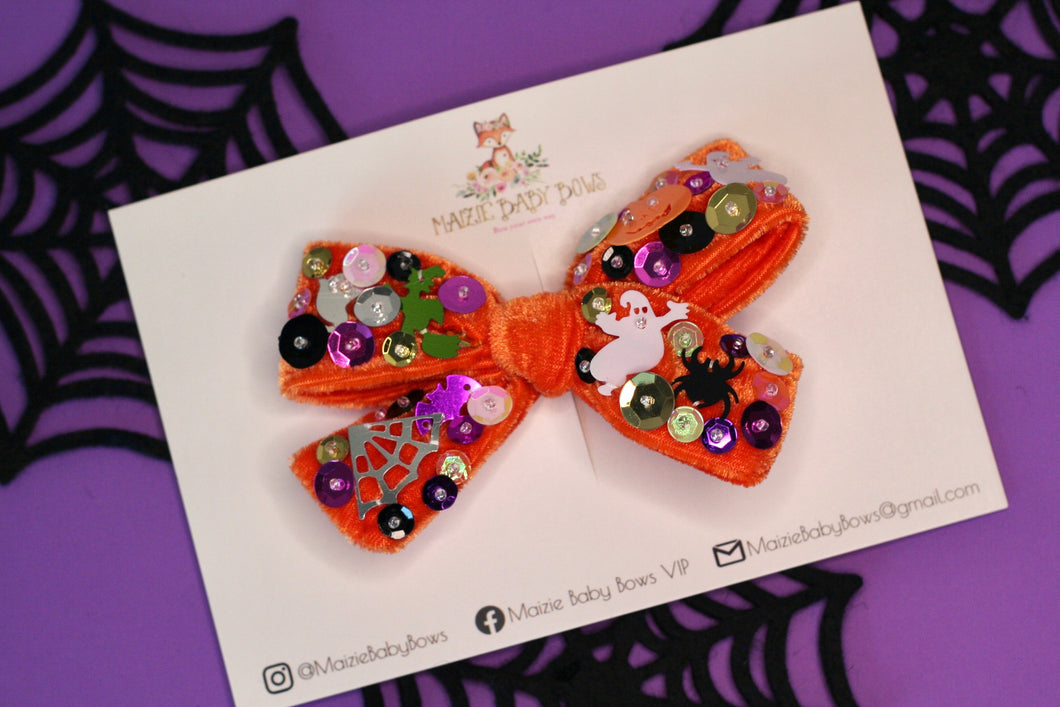 Orange Halloween Sequined Velvet Posie Bow (Alligator Clip Only)