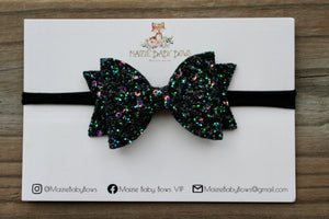 *SLIGHTLY FLAWED* Villainous Chunky Glitter Medium Ellie Bow (Black Nylon Headband Only)