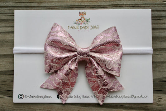 *SLIGHTLY FLAWED* Metallic Pink Lace Maizie Bow (White Nylon Headband Only)