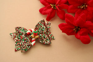 Christmas Eve Traditions Chunky Glitter Medium Ellie Bow with Candy Cane Clay