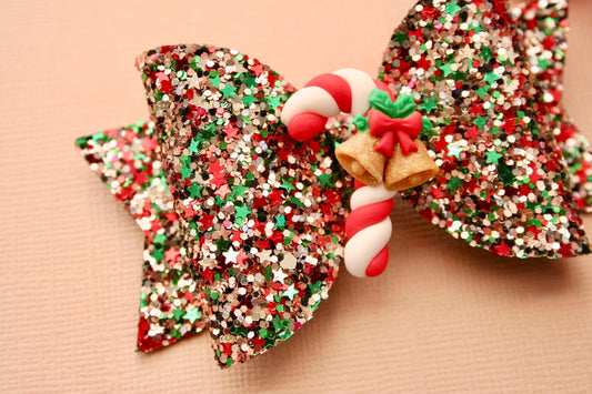 Christmas Eve Traditions Chunky Glitter Medium Ellie Bow with Candy Cane Clay