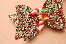 Load image into Gallery viewer, Christmas Eve Traditions Chunky Glitter Medium Ellie Bow with Candy Cane Clay
