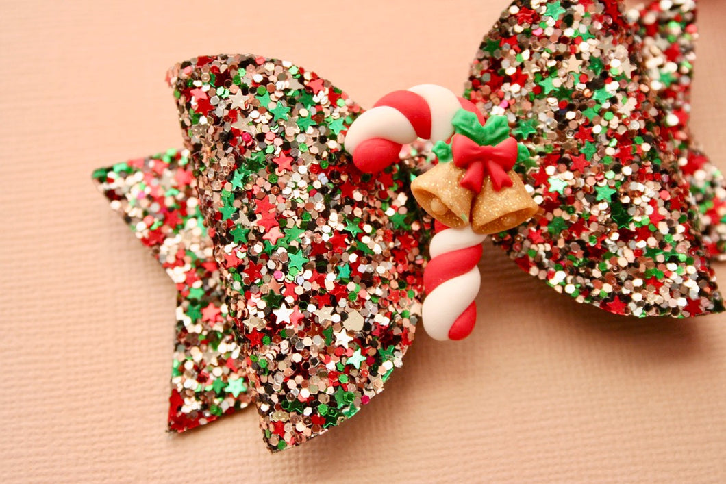 Christmas Eve Traditions Chunky Glitter Medium Ellie Bow with Candy Cane Clay