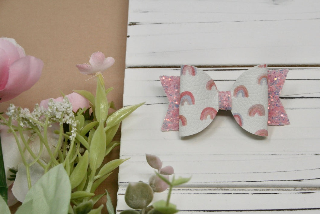 Pink Watercolor Rainbows Baby Ellie Bow