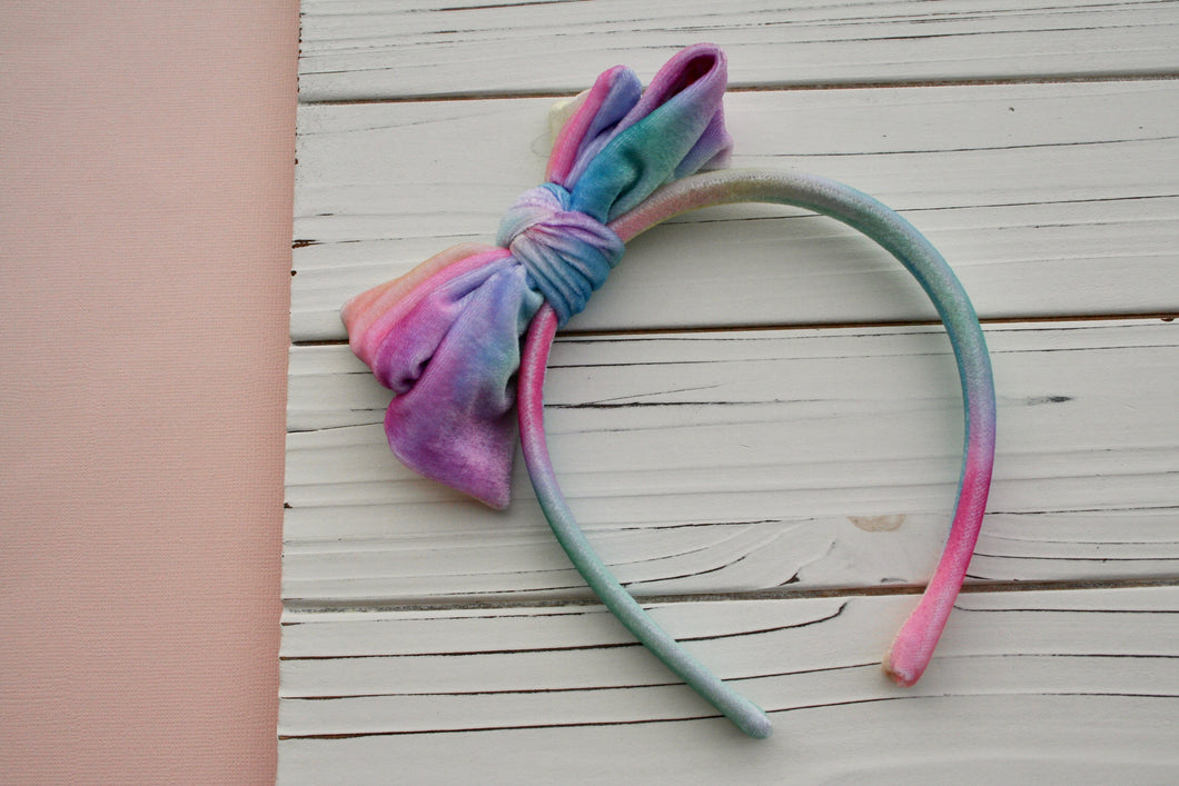 Pastel Tie Dye Velvet Messy Bow Headband