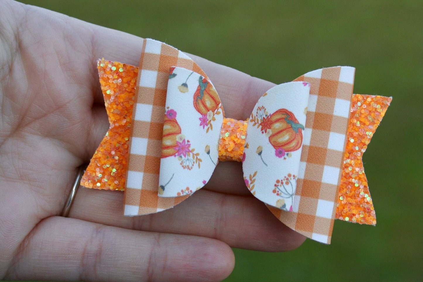 Pumpkin Floral Gingham Medium Ellie Bow