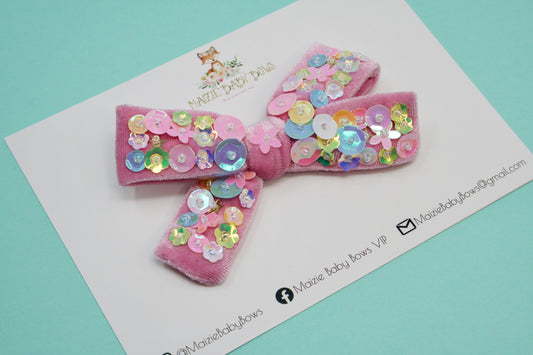 Sequined Pink Velvet Posie Bow (Alligator Clip Only)