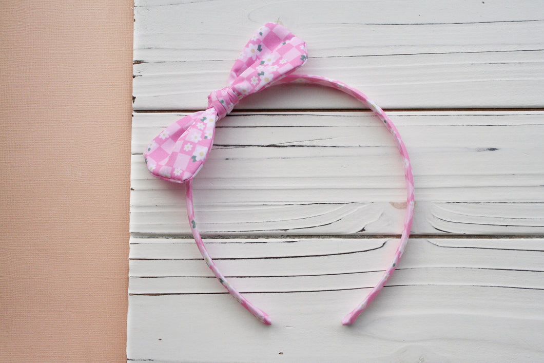 Pink Daisy Checkerboard Rory Bow Headband