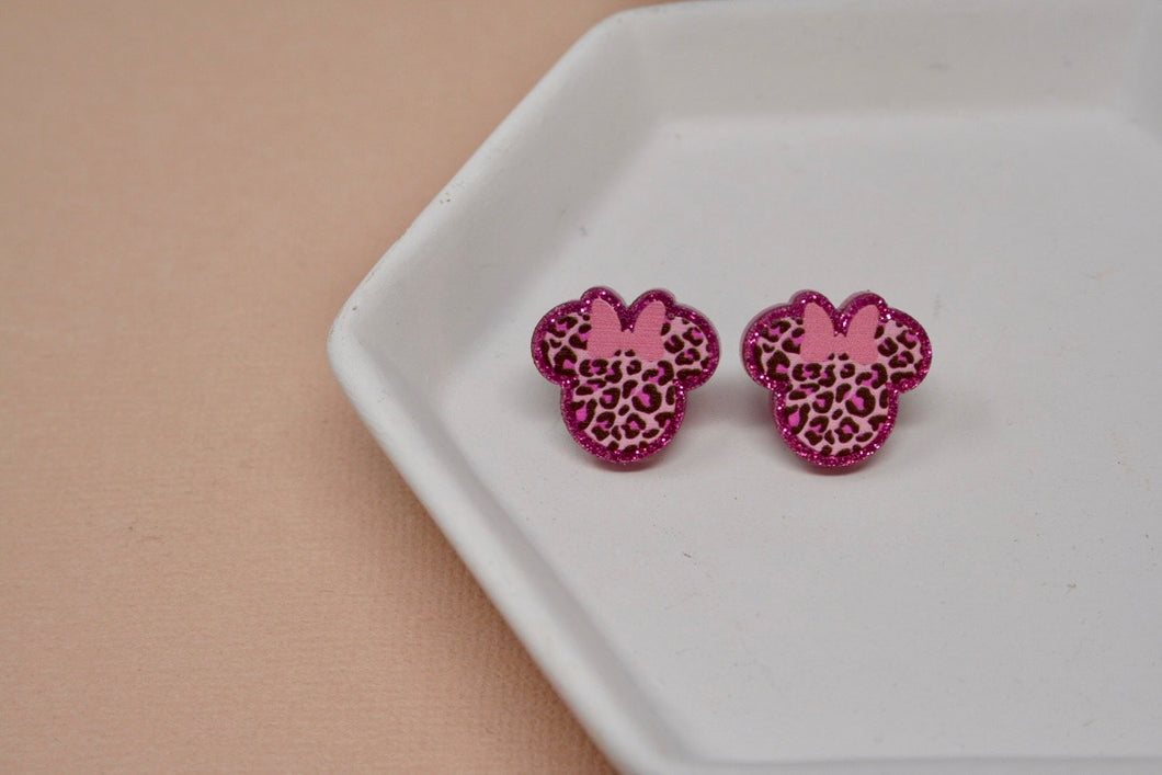 Pink Leopard With Bow Friend Acrylic Studs